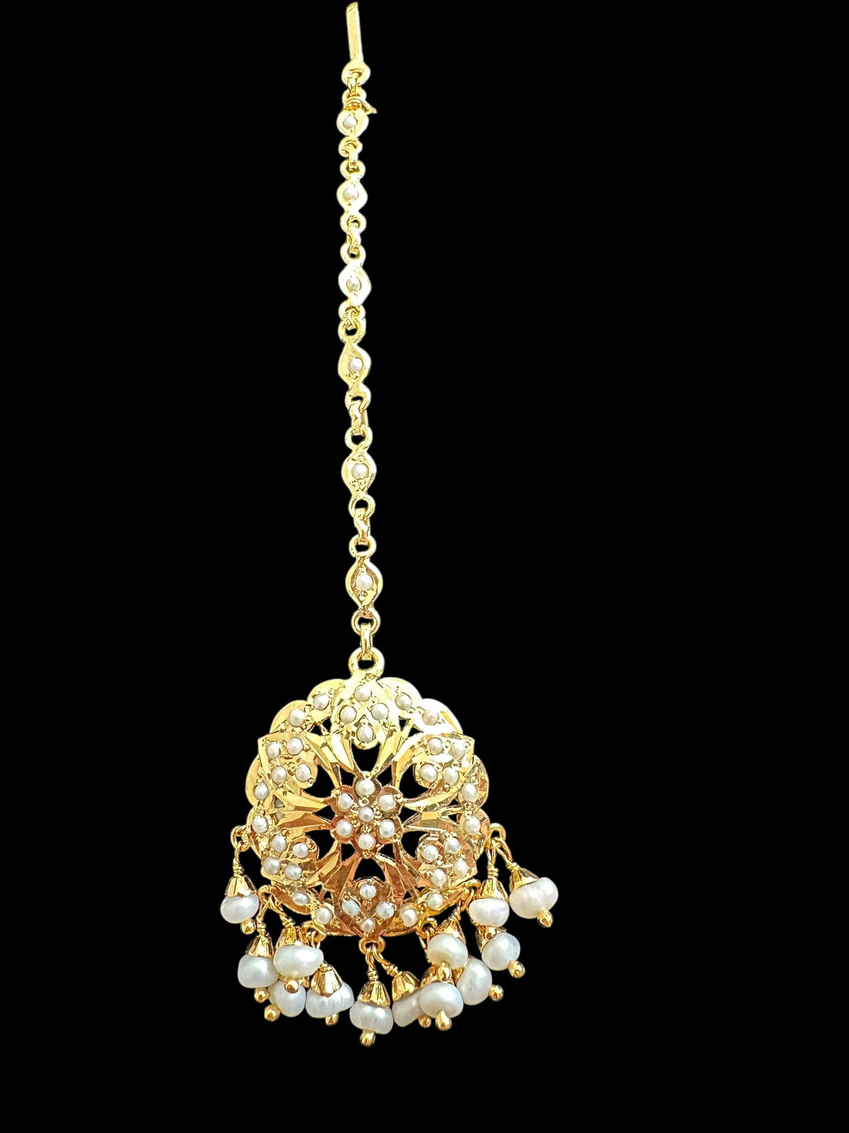 Gold plated silver tikka in fresh water pearls ( READY TO SHIP )