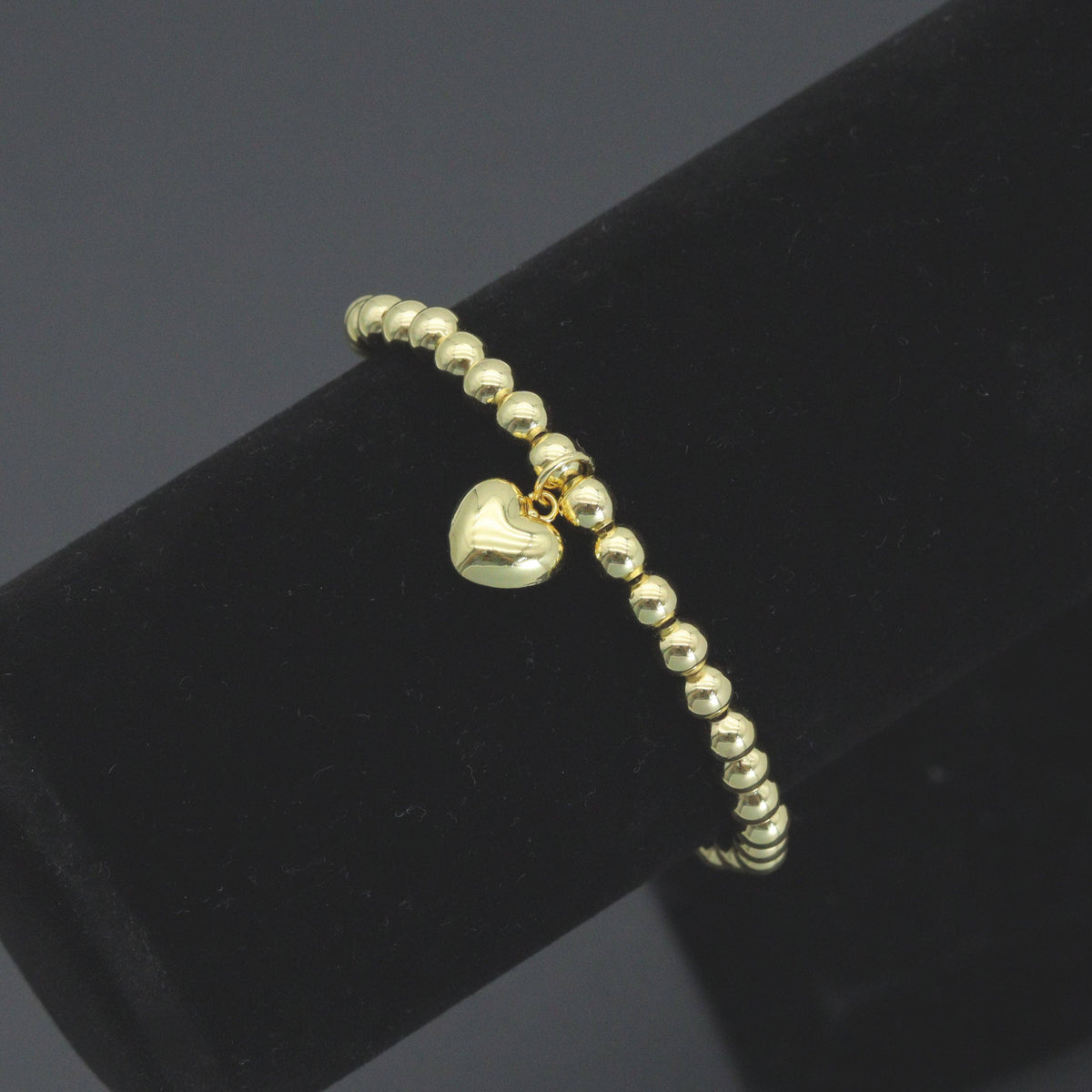 Gold Hematite Ball Beads with Puffy heart stretchy Bracelet, Sku#L726