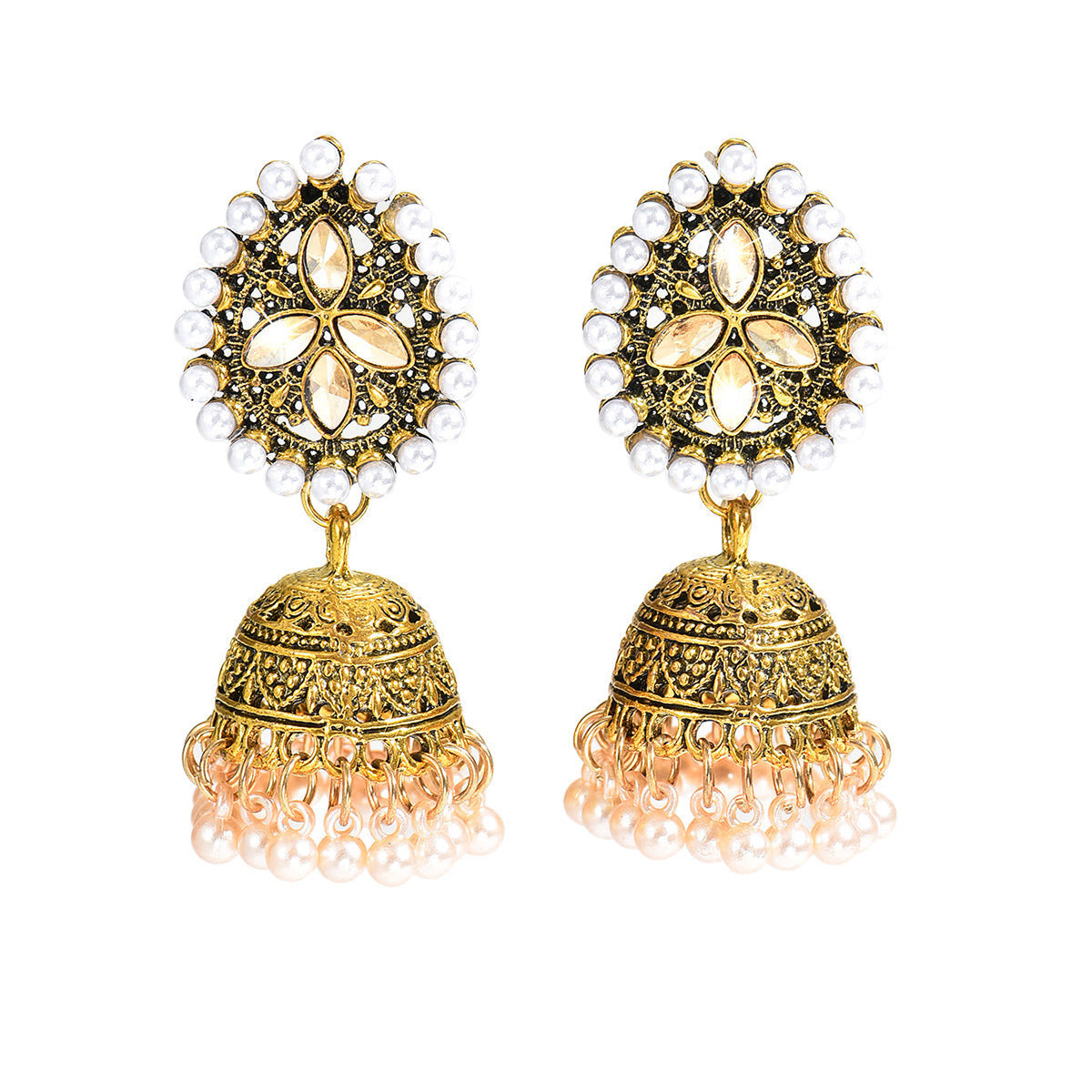 Womens Bohemian Retro Teardrop Rhinestone Pearl Inlaid Tassel Bell Earrings,Costume Earrings For Daily Vacation Party Wear