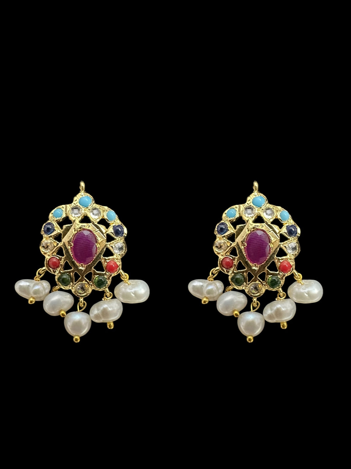 ET536 Faryal fresh water Pearl earrings - Navratan ( READY TO SHIP )