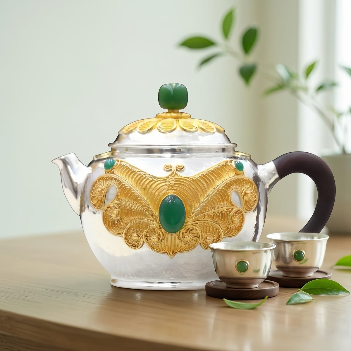 Pure 999 Fine Silver Exquisite Filigree Silver Teapot with Vibrant Green Gemstone Accents - Handicraft