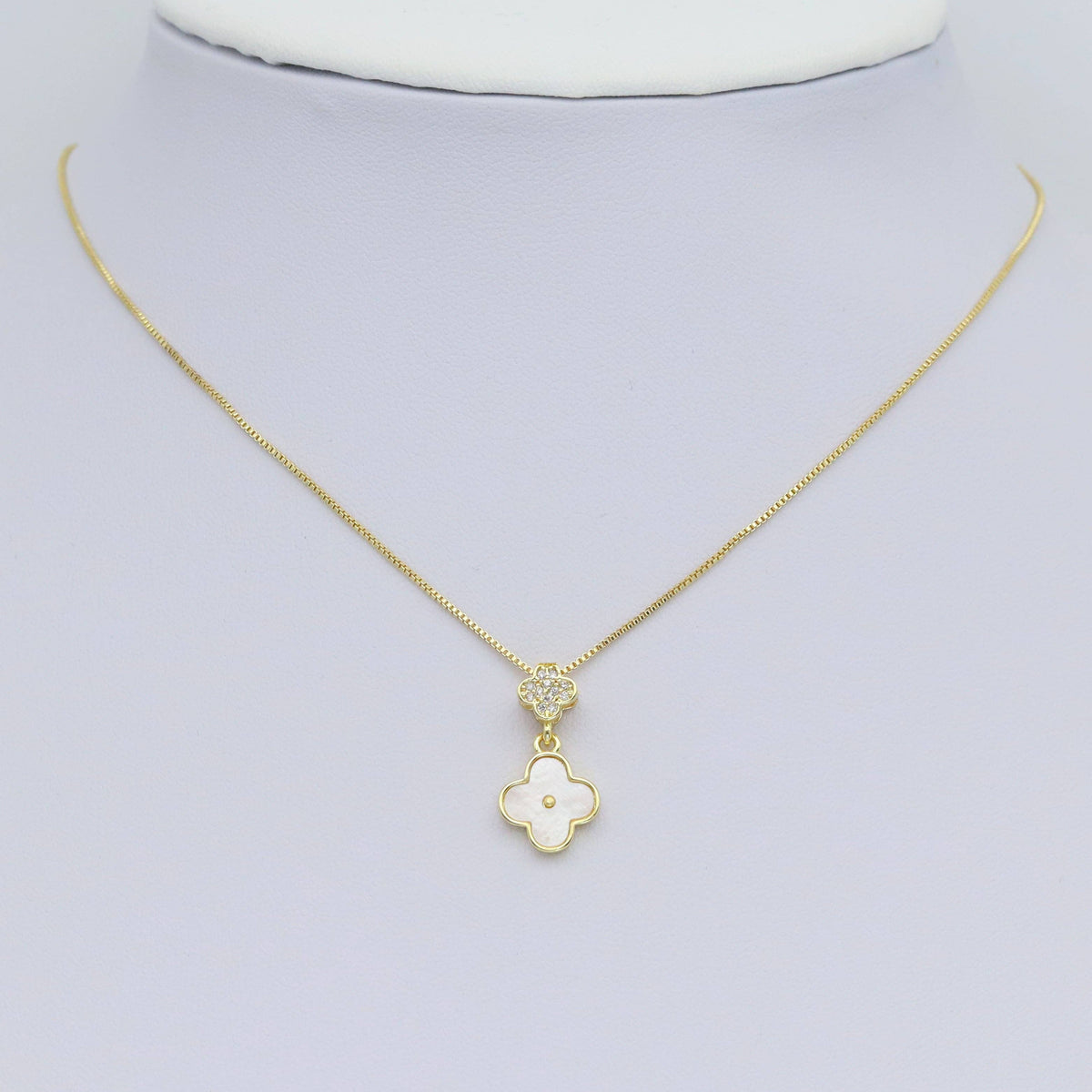 Clear CZ Mop Flower clover Shape Gold Stud Earrings, Sku#LK961