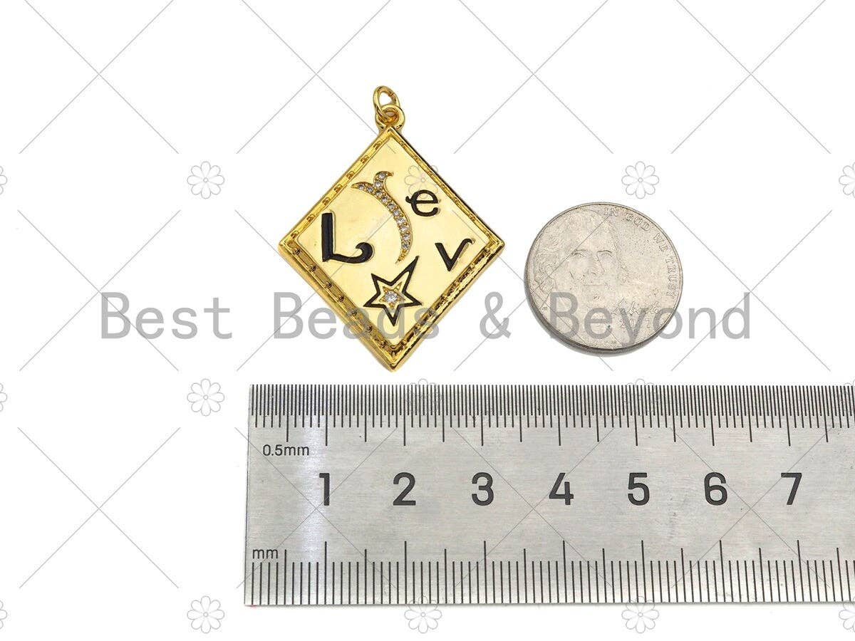Gold Filled CZ Micro Pave Love Word On Rhombus Shape Pendant, 18K Gold Filled Black Enamel Charm, Necklace Bracelet Charm,30x38mm,Sku#L567