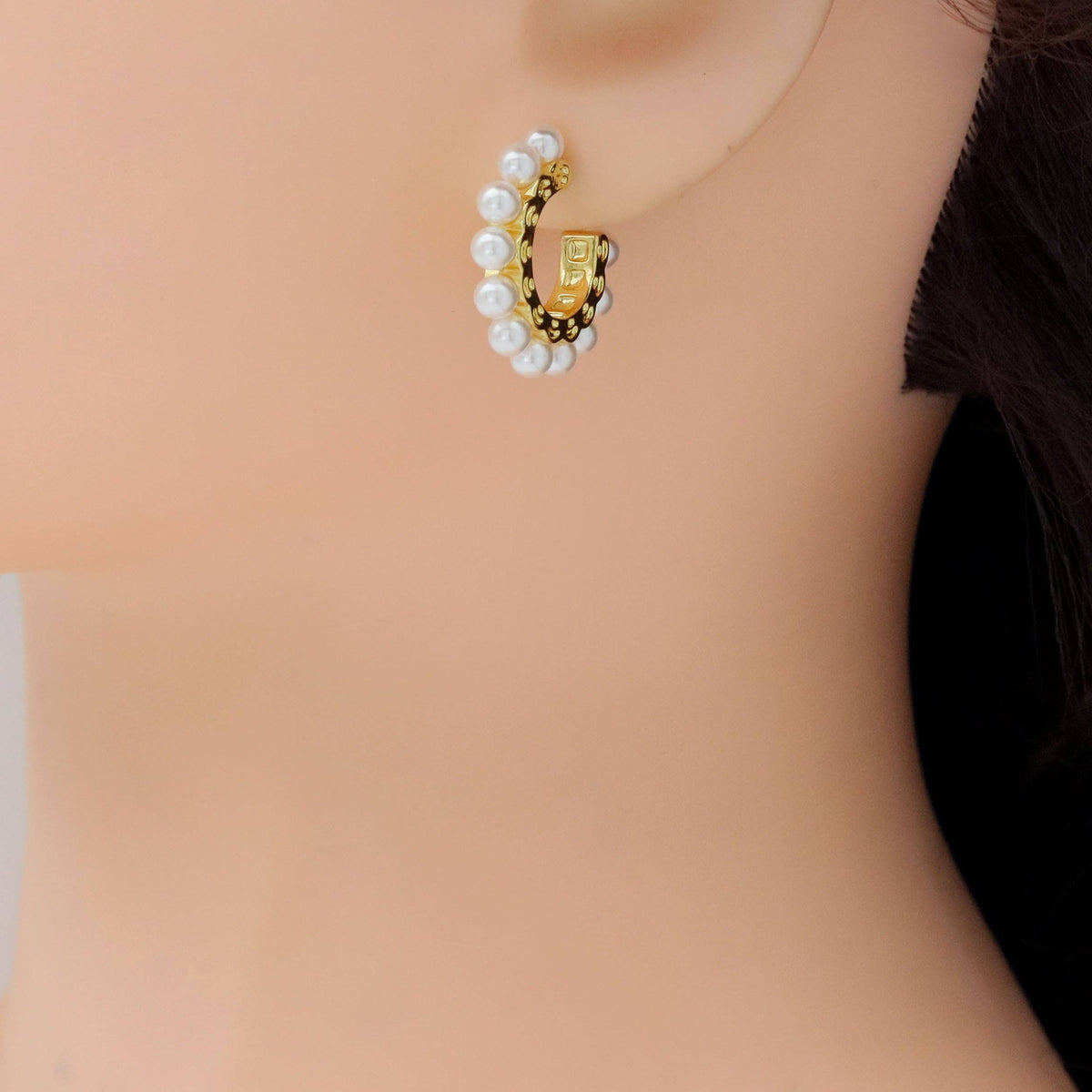 Clear CZ White Pearl Hoop Earrings, Sku#LD577