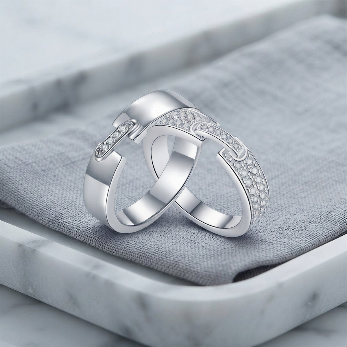 Minimalist Moissanite Couple Rings Set – White Gold Plated Sterling Silver Wedding Bands