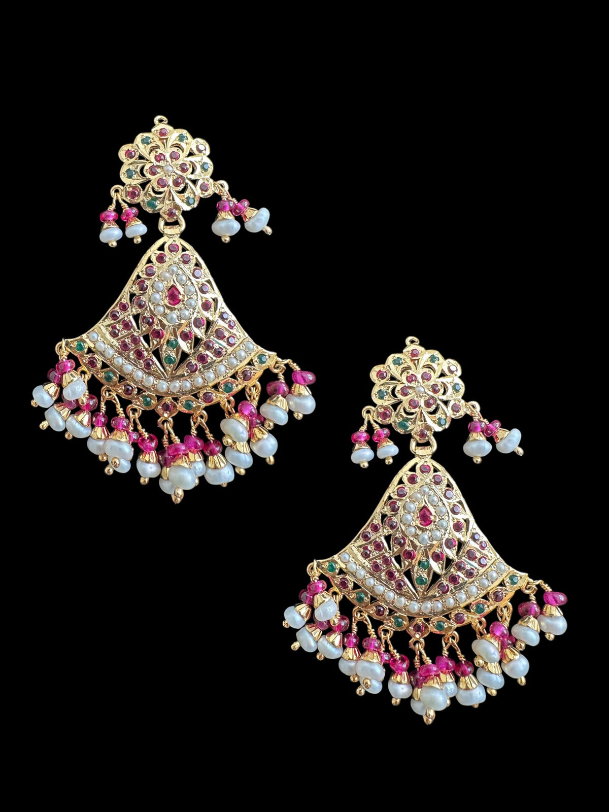 Gold plated silver earrings in ruby and emerlad with pearls ( READY TO SHIP)