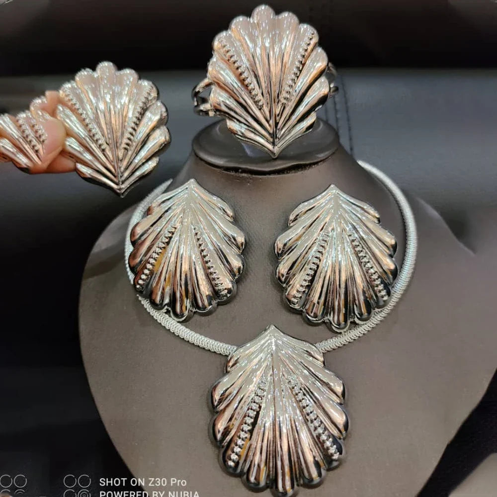 Dubai Gold Plated Jewelry Set for Women Shell pattern Earrings and Necklace Set Fashion Wedding Bride Bracelet Ring Jewelry