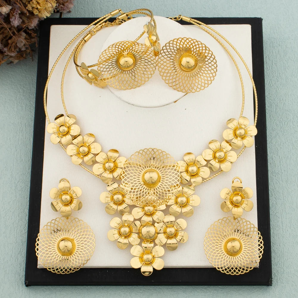 Big Woman Jewelry Set Dubai Gold Plated Earrings Necklace Copper Multiple Small Circle Design Flower Bride Bangle Rings Gift