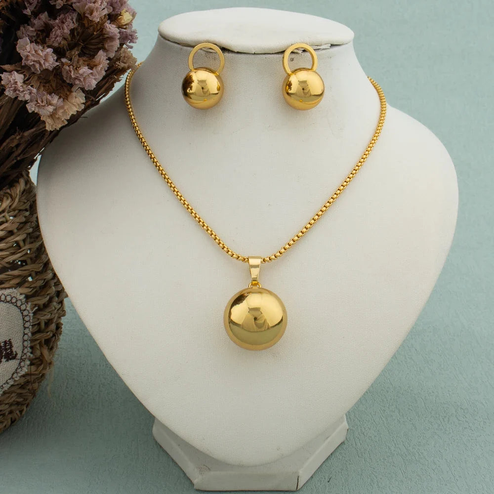 Simple Geometric Metal Necklace Earrings Set Globular Pendant for Women Stainless Steel Gold Plated Non-fade Trendy Jewelry