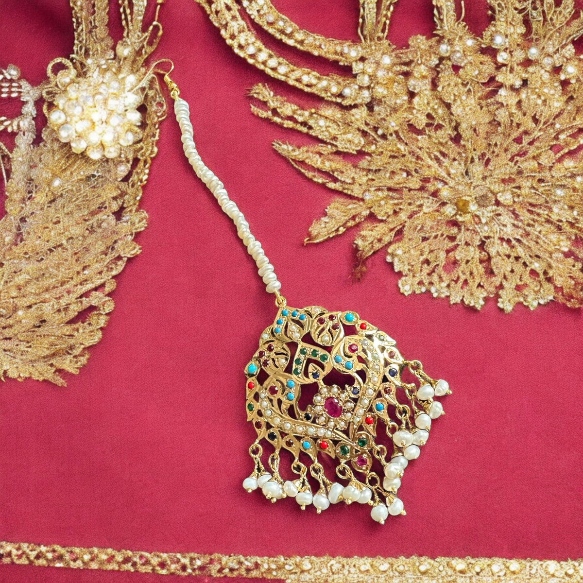 ESMA Navratan tika in silver with fresh water pearls - gold plated ( SHIPS IN 5 WEEKS )
