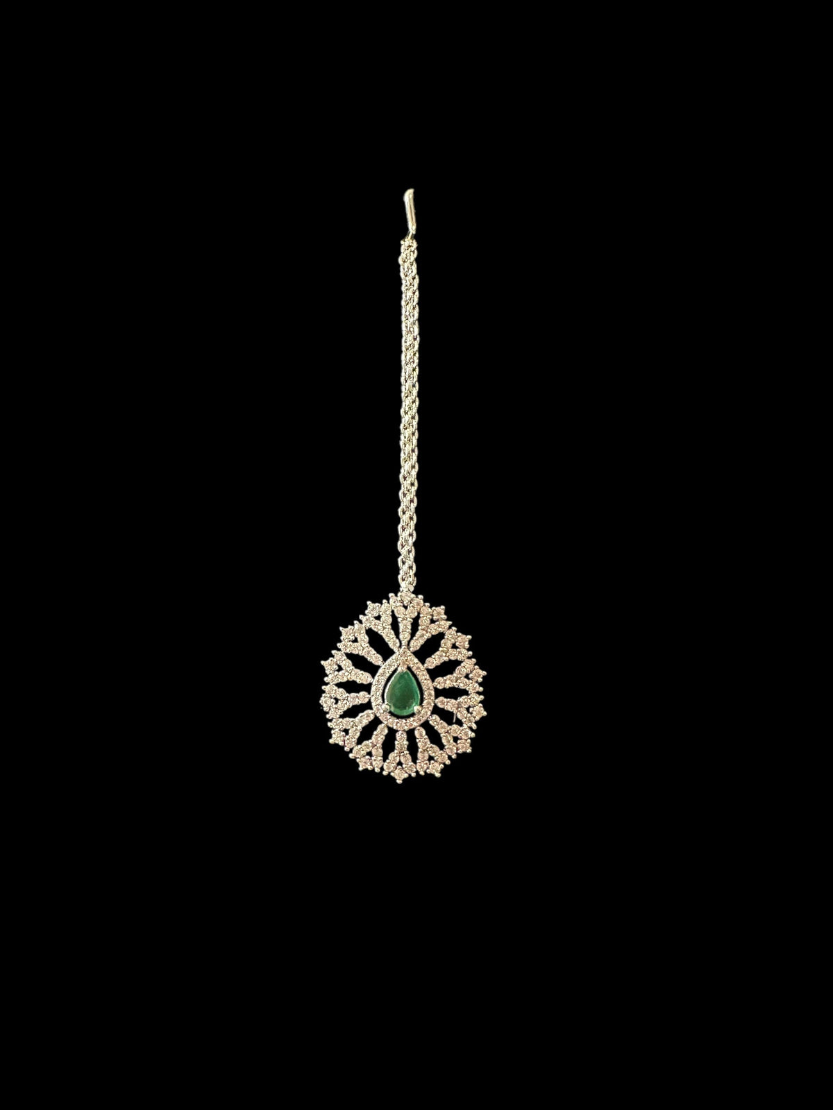 DNS171 Cz necklace set with earrings tika silver plated - Emerald green centre stone (READY TO SHIP)