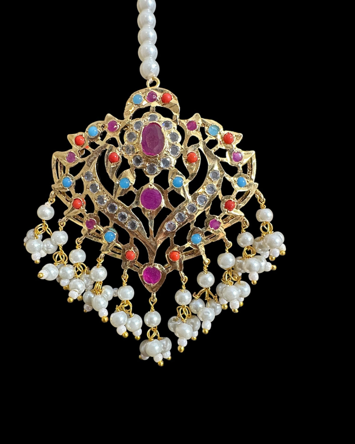 DJTK359 Ekta Gold-Plated Polki Tikka in multicolor & Shell Pearls ( READY TO SHIP )