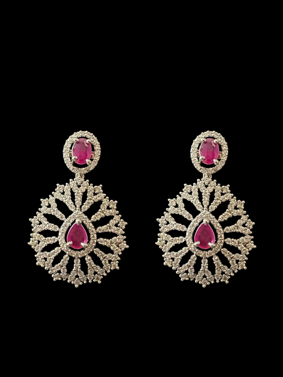DNS172 Cz necklace set with earrings tika silver plated - Ruby centre stone (READY TO SHIP)