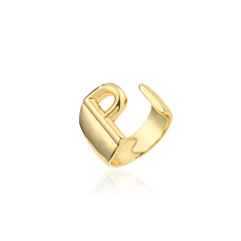 Hollow A-Z Letter Gold Color Metal Adjustable Opening Ring Initials Name Alphabet Female Party Chunky Wide Trendy Jewelry