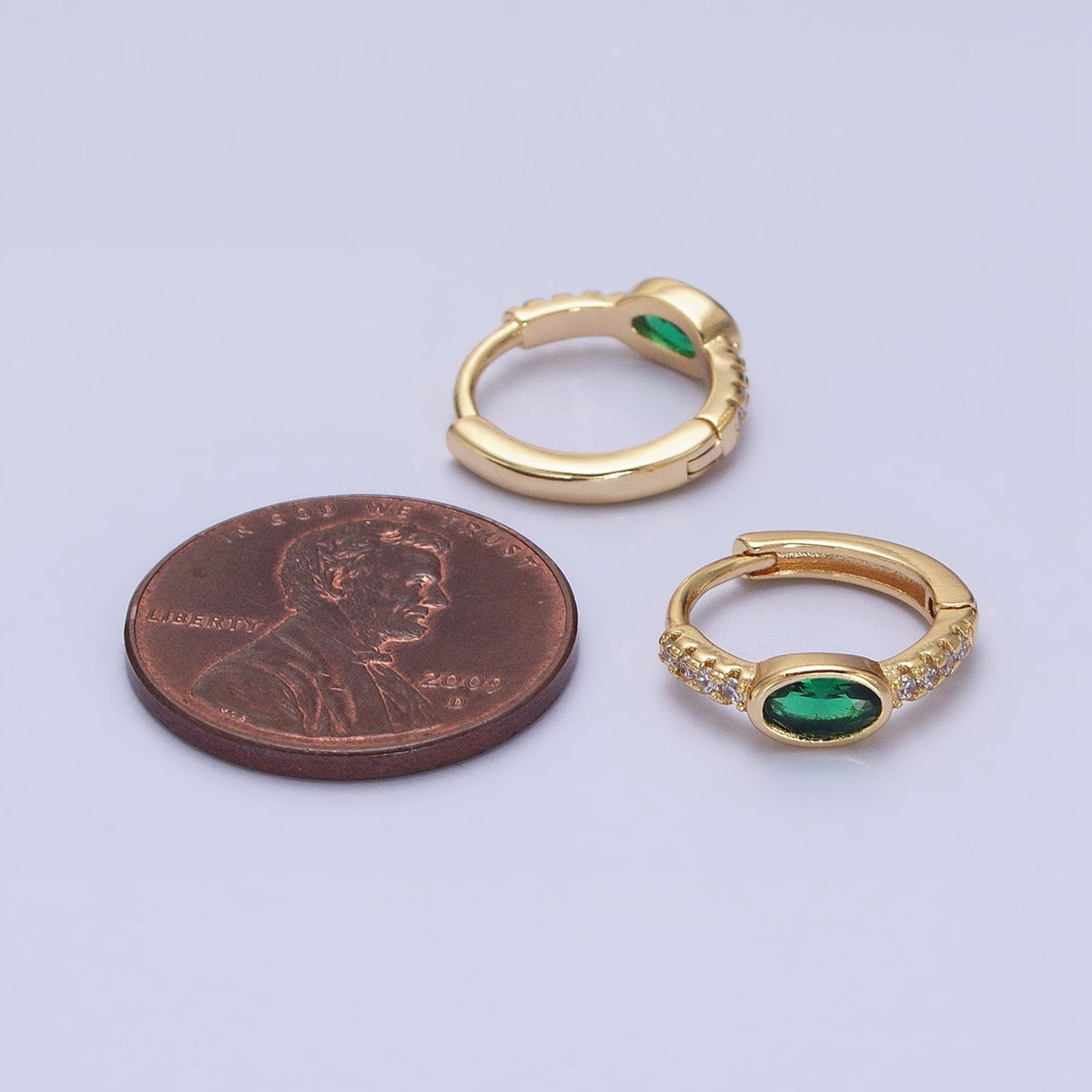 16K Gold Filled Emerald Green Oval Micro Paved CZ 13mm Huggie Earring in Gold & Silver | AD865 AD866