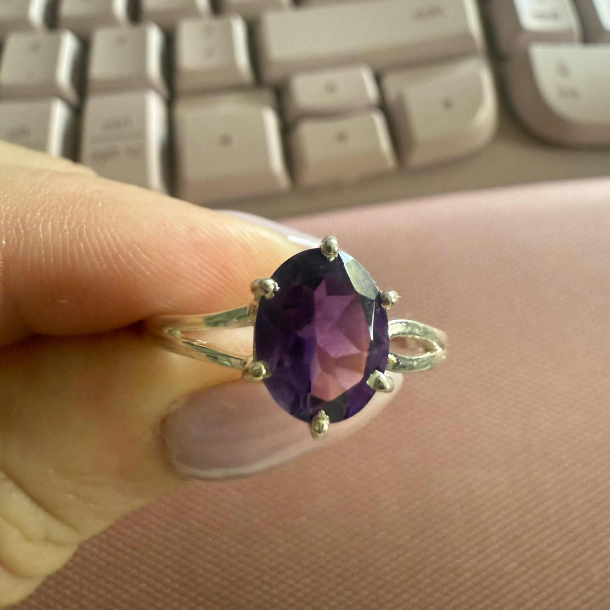 Oval Amethyst Six-Prong Sterling Silver Ring with Infinity Sides – Sizes 10 & 14