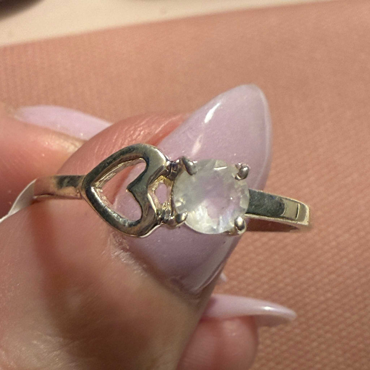 Rainbow Moonstone Heart Ring – Sterling Silver – Size 12