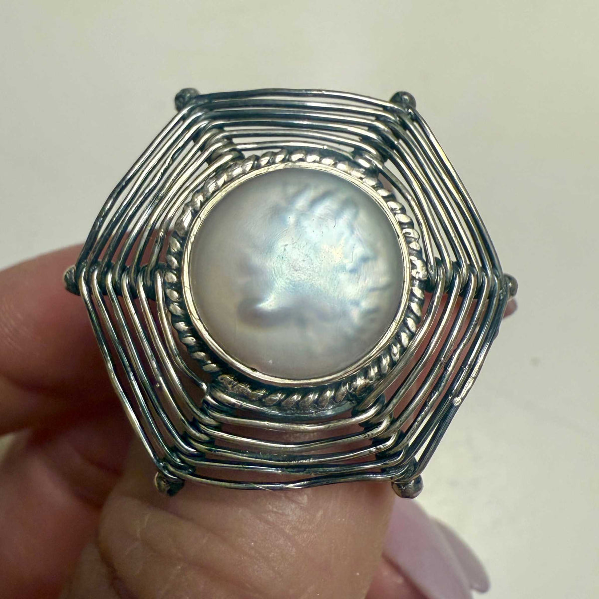 Pearl Woven Hexagon Statement Ring – Sterling Silver – Sizes 7, 8 & 9