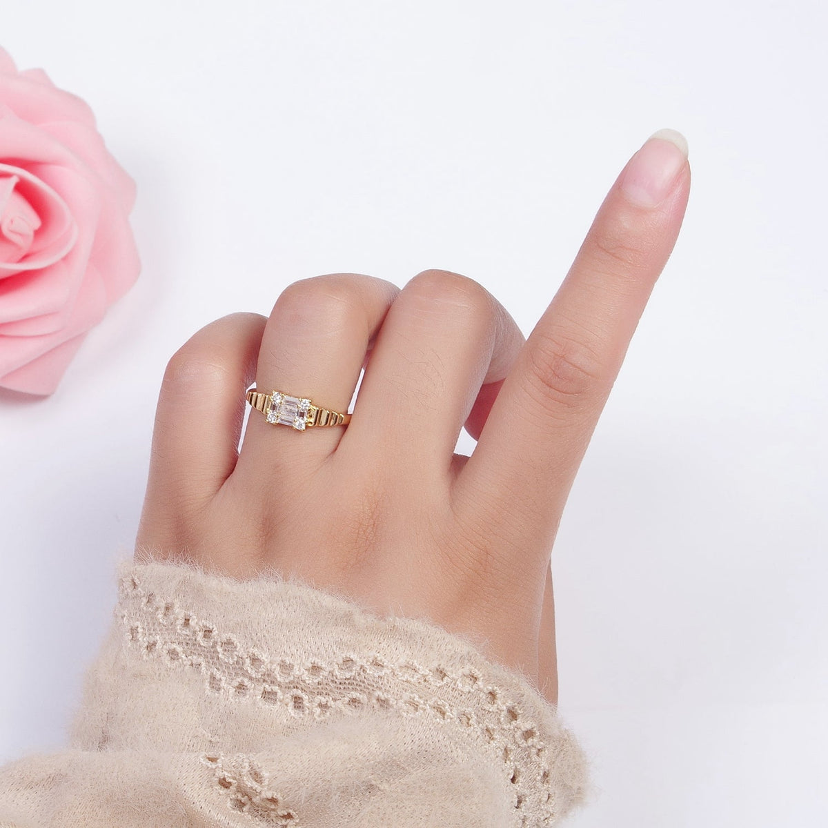 24K Gold Filled Square Baguette Cubic Zirconia Bubble Adjustable Gold Ring | U-023