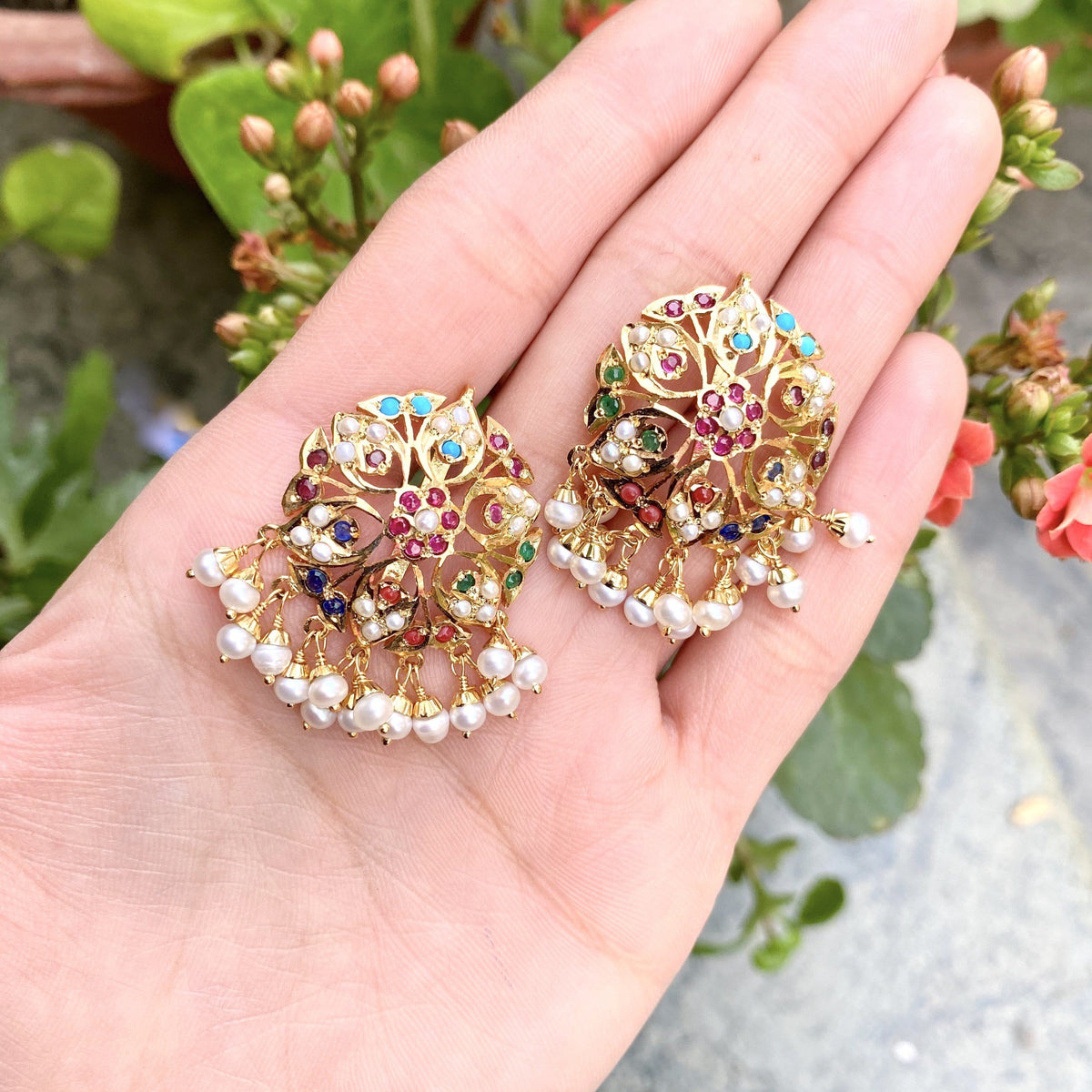 Navratan Jadau Studs in Gold Plated Sterling Silver ( SHIPS IN 5 WEEKS )