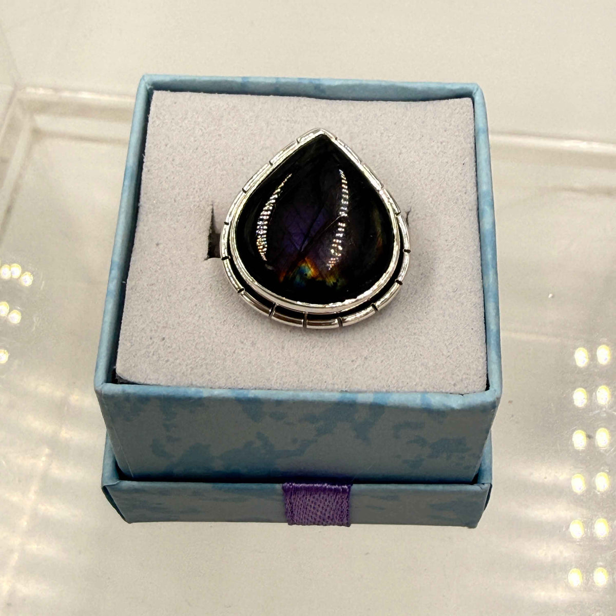 Sterling Silver Lined Teardrop Spectrolite Ring - Size 9 -Intuition, Protection & Illumination