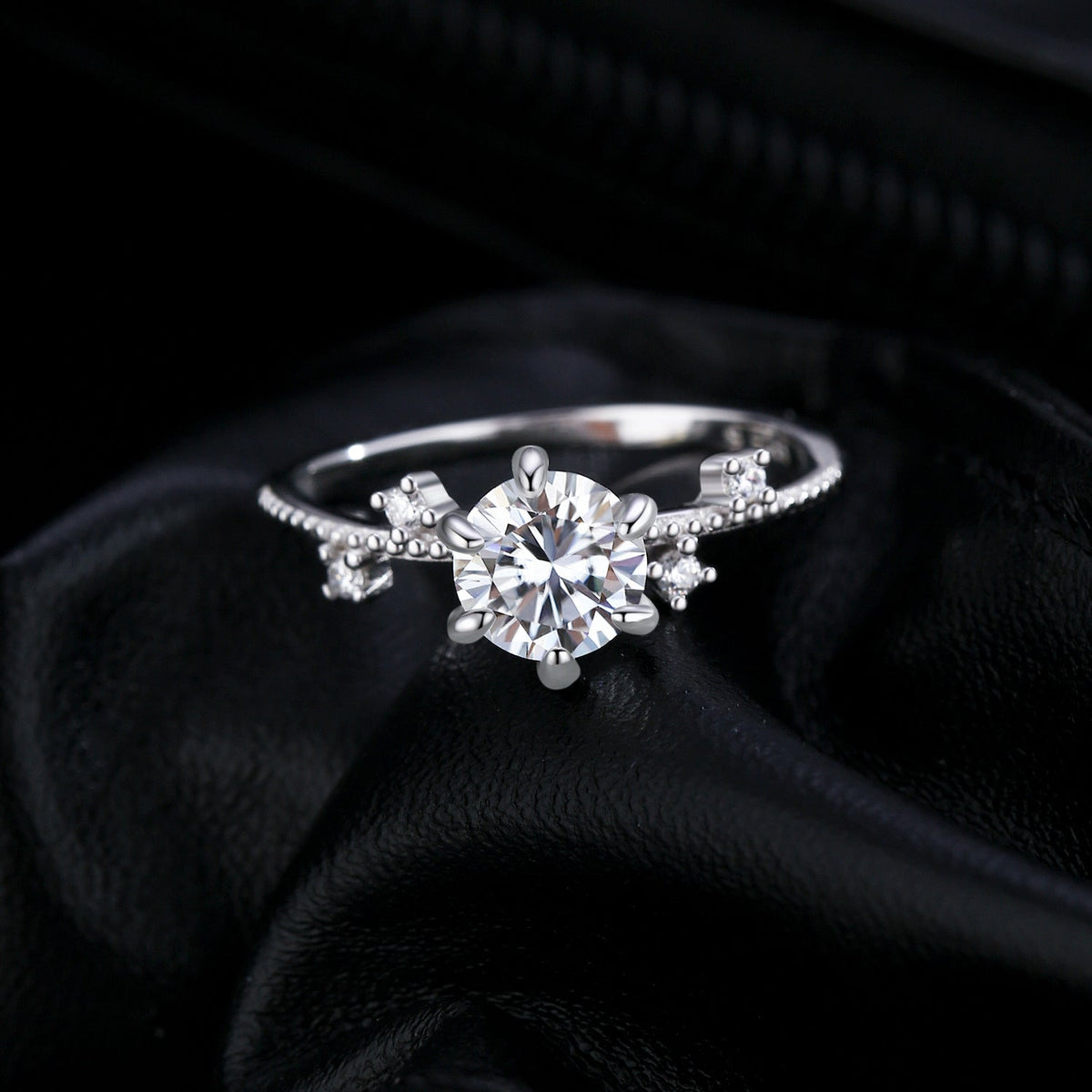 Classic Six-Prong D-Color VVS1 Moissanite Engagement Ring in Sterling Silver – Geometric Floral Band for Women
