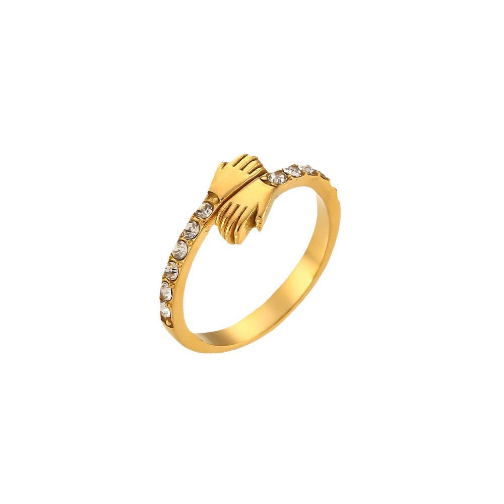 Women's Hands Hugging Zircon Adjustable Stainless Steel Gold Rings