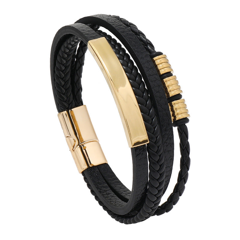 Men's Leather Woven String Stainless Steel Personality Bracelet