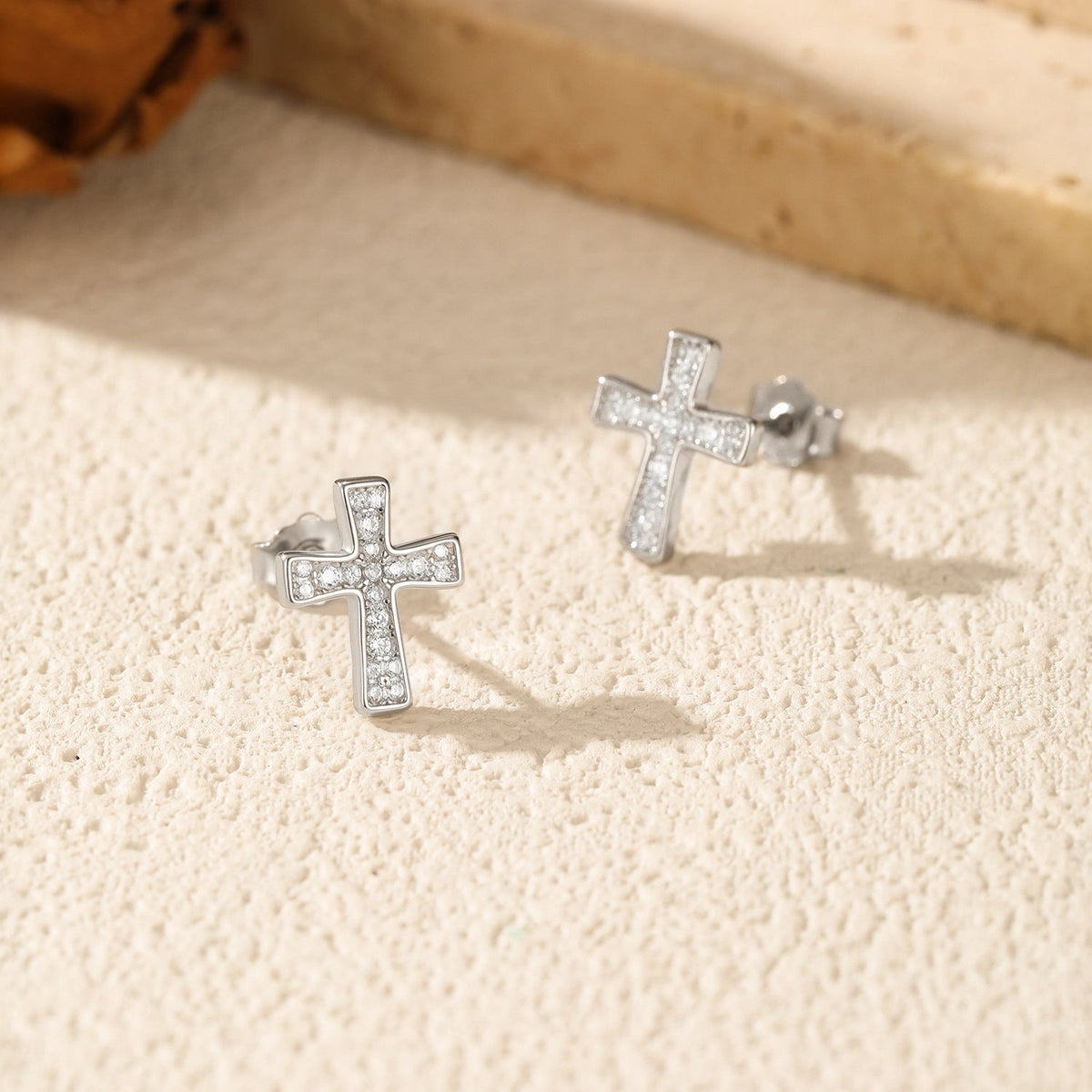 Minimalist Cross Stud Earrings in Sterling Silver with D-Color VVS1 Moissanite Accents