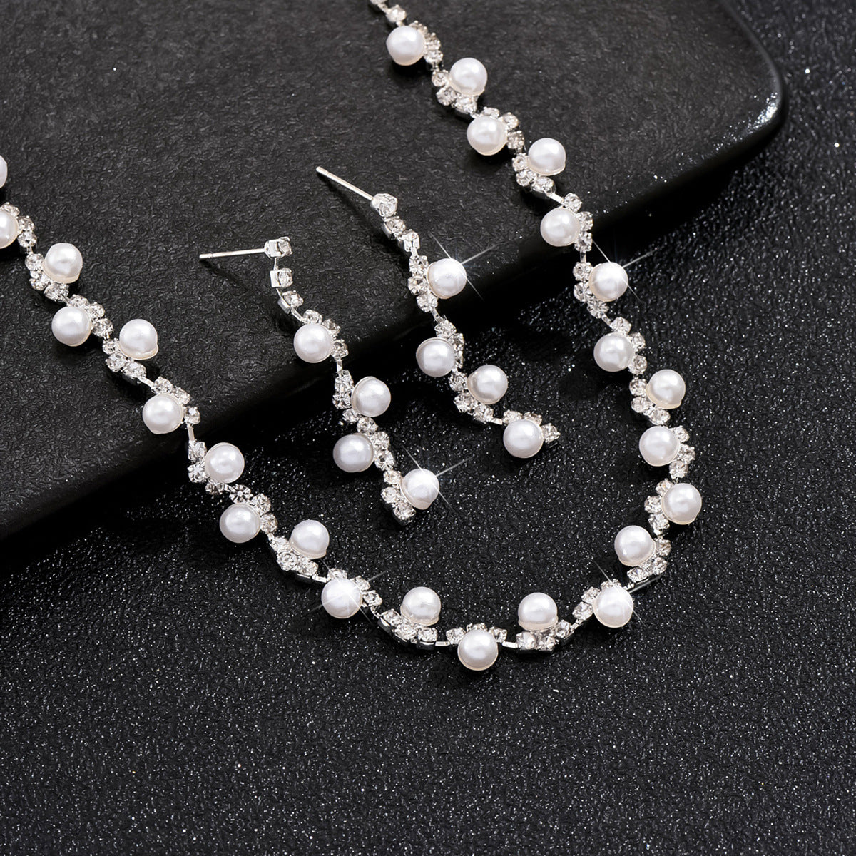 Bridal Wedding Dress Pearl Diamond Crystal Collar Three-piece Rings