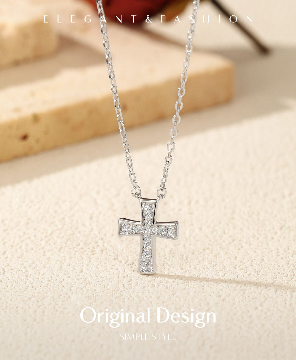 Sterling Silver Cross Pendant Necklace with Micro-Pavé Zirconia Stones – Delicate Clavicle Chain