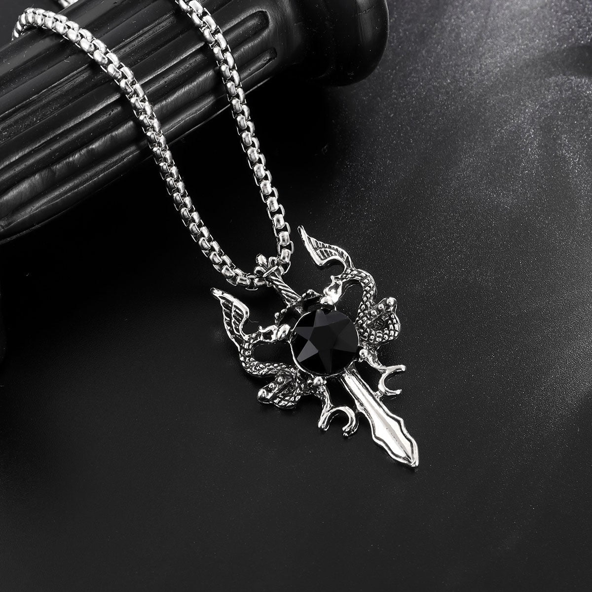 Men's Inlaid Double Dragon Sword Boys Necklace