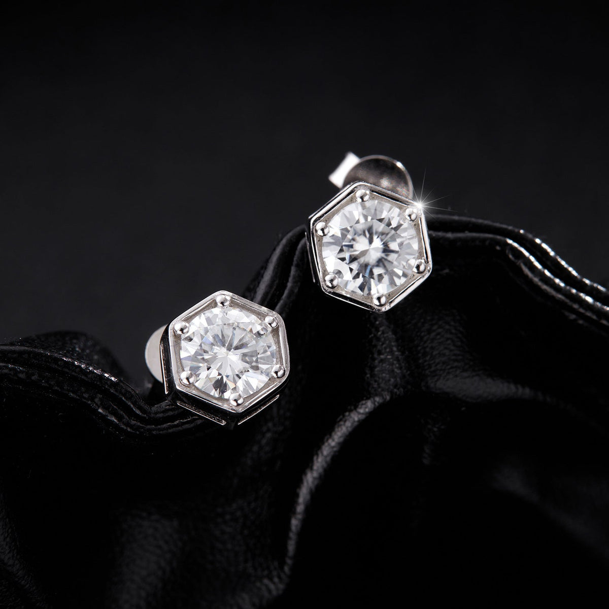 Hexagonal D-Color VVS1 Moissanite Stud Earrings in Sterling Silver