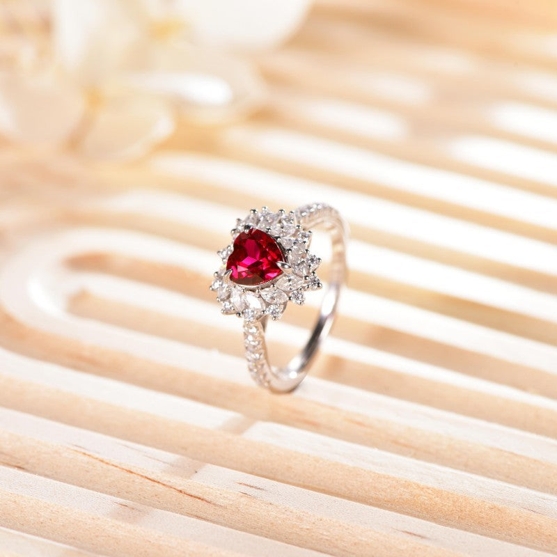 Sterling Silver Heart Ring with Lab-Created Ruby & Moissanite Accents