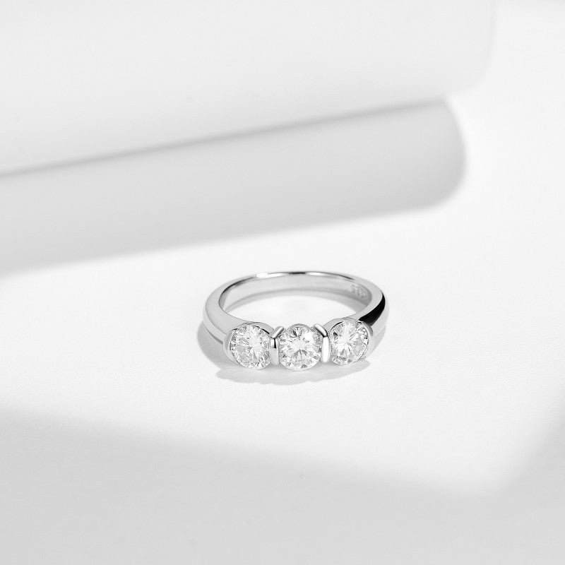 Minimalist Three-Stone Moissanite Ring in White Gold – Elegant Stackable Band for Women