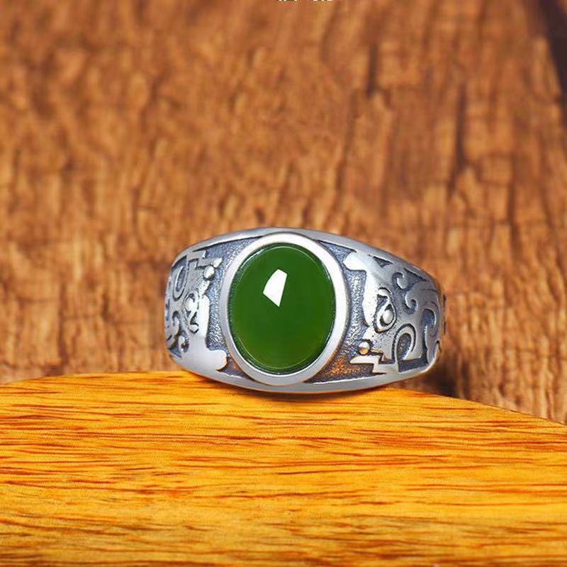 Men's Natural Jade Green Sier Vintage Emerald Open Mouth Ring