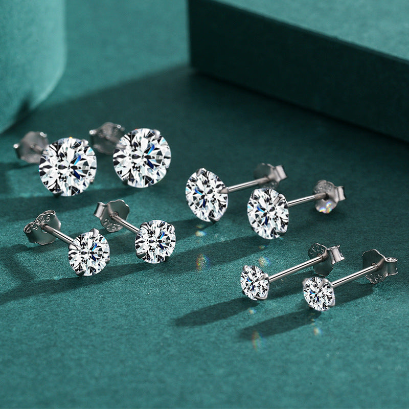 Round Cubic Zirconia Stud Earrings in Sterling Silver – Minimalist Geometric Design