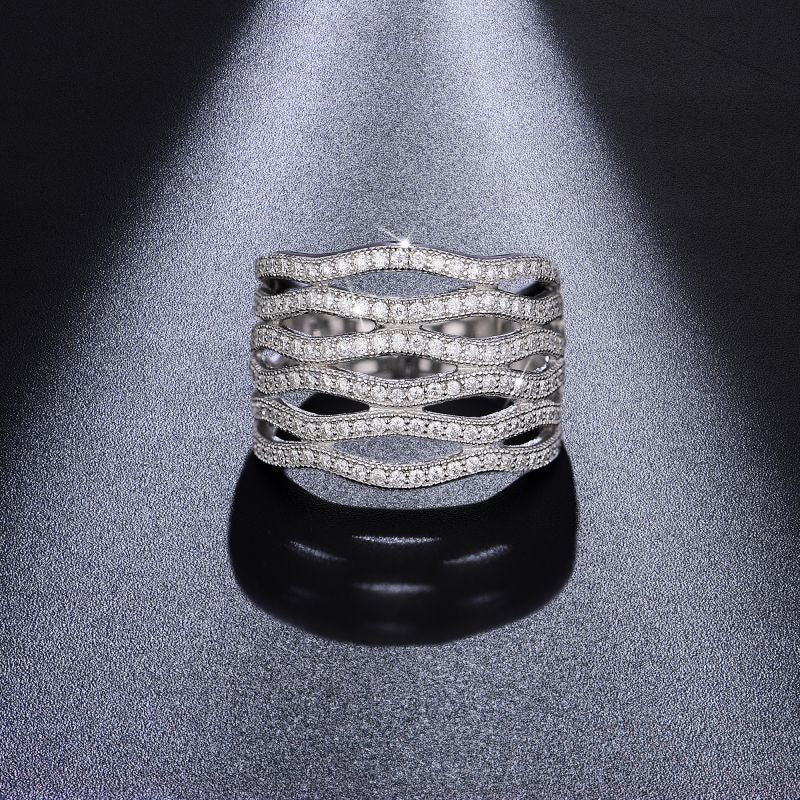 Wave-Embossed Stack Engagement Ring with Premium D-Color VVS1 Moissanite Stones in 18K White Gold-Plated Sterling Silver