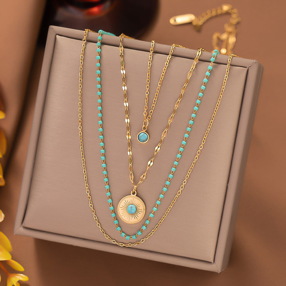 Titanium Steel Female Turquoise Chain Irregular With Personality Round Pendants