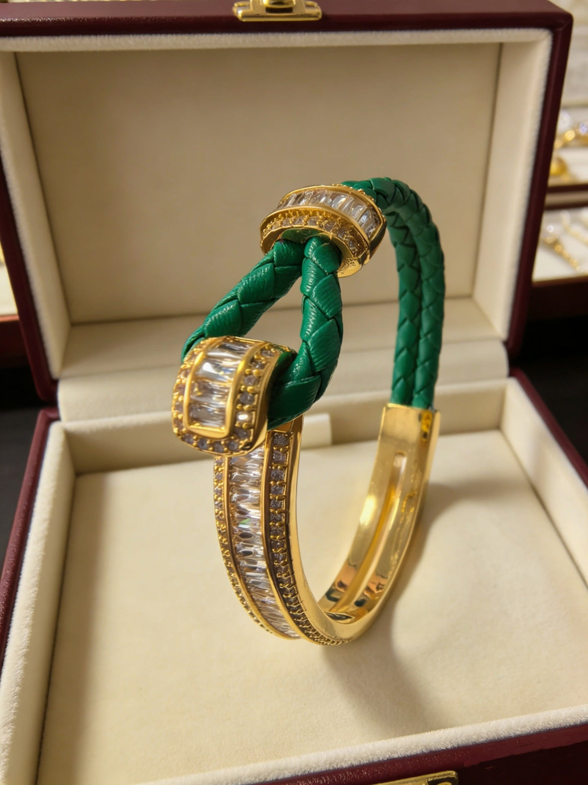 Green Leather Stitching Titanium Steel Gold Plated Retro Affordable Bracelets