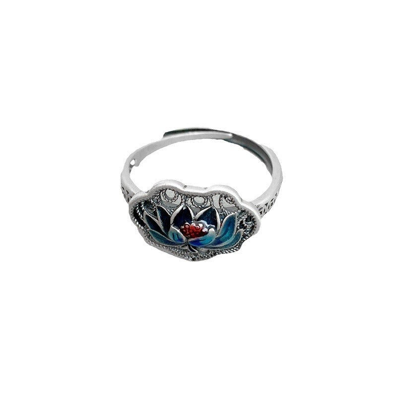 Women's Sterling Sier Enamel Blue Lotus Hollow Cloisonne Retro Personality Rings
