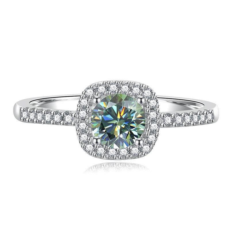 S925 Multicolor Moissanite Cushion Halo Adjustable Rings with Pavé-Set Band & Square Accents, 0.5ct-2ct D-Grade VVS Certificate, 12 Vibrant Colors