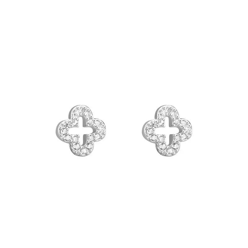 Sier Full Diamond Hollow Out Four Leaf Clover Ear Female Earrings