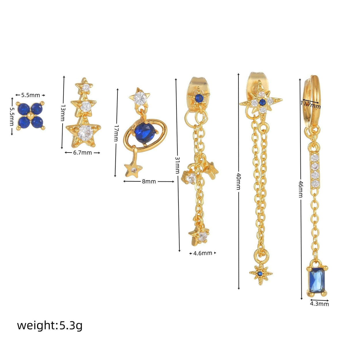 Stacking 6 Pieces Planet and Long Tassel Earring Set with Micro-Pavé Dazzling Zircons, 18k Gold Plated Ear Studs & Ear Drops, Stacked Lobe Design