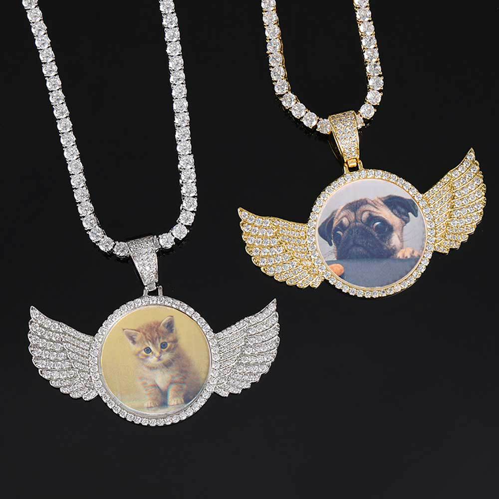 Angel Wing Photo Pendant Necklace with Cubic Zirconia in Brass – Round DIY Frame for Personalized Keepsakes