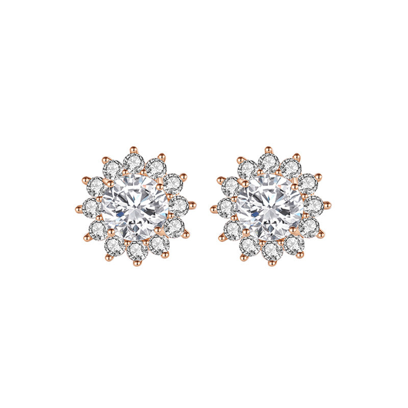 Women's Light Luxury Super Flash Champagne Gold Zircon Flower Stud Earrings
