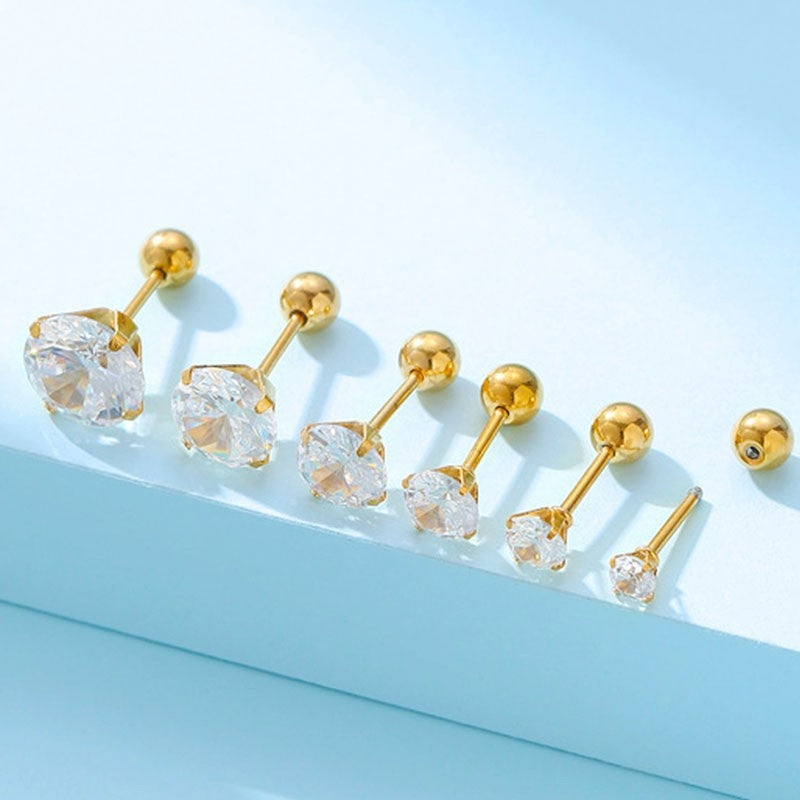 Women's & Men's Titanium Steel Threaded Rods Twisted Ball Ear Crystal Zircon Stud Earrings