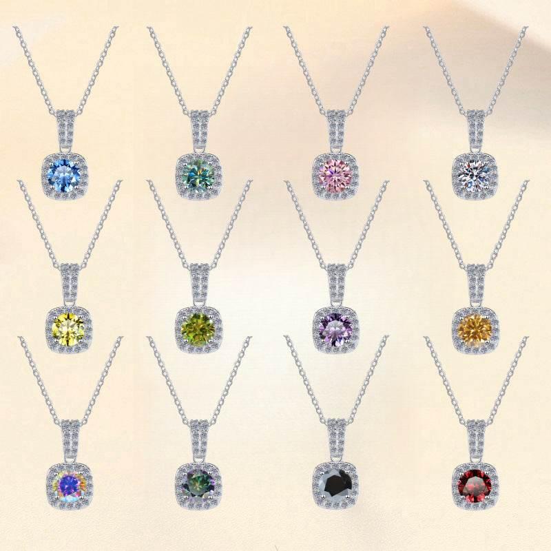 S925 Colorful Moissanite Pendant Necklace with Pavé-Set Halo & Hoop, 1ct D-Grade VVS1 Moissanite in 12 Dazzling Colors with GAR Certification