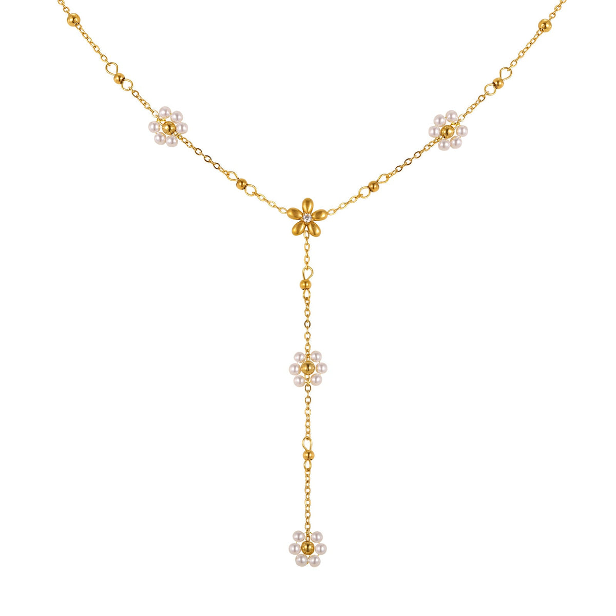 Women's Stainless Steel Flower Pearl Y-shaped Gold Clavicle Chain Necklace