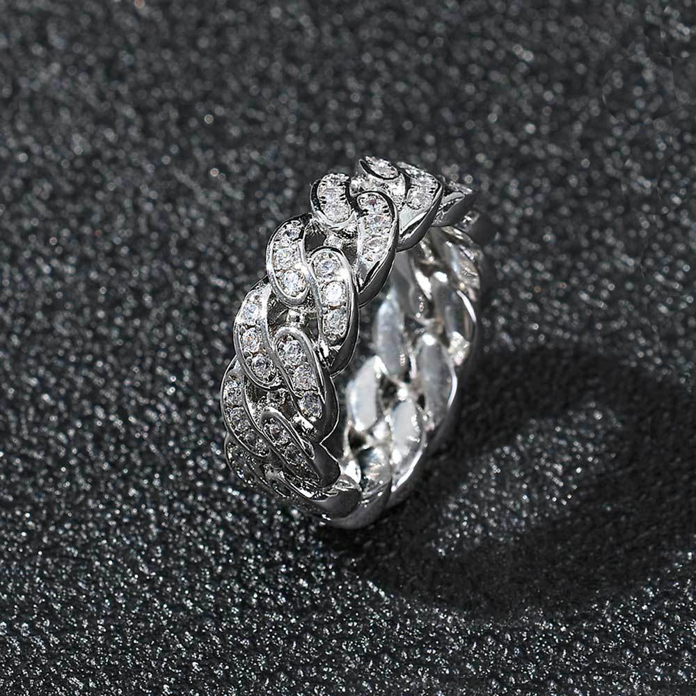 8mm Cuban Link Ring with Cubic Zirconia Stones in Gold or White Gold